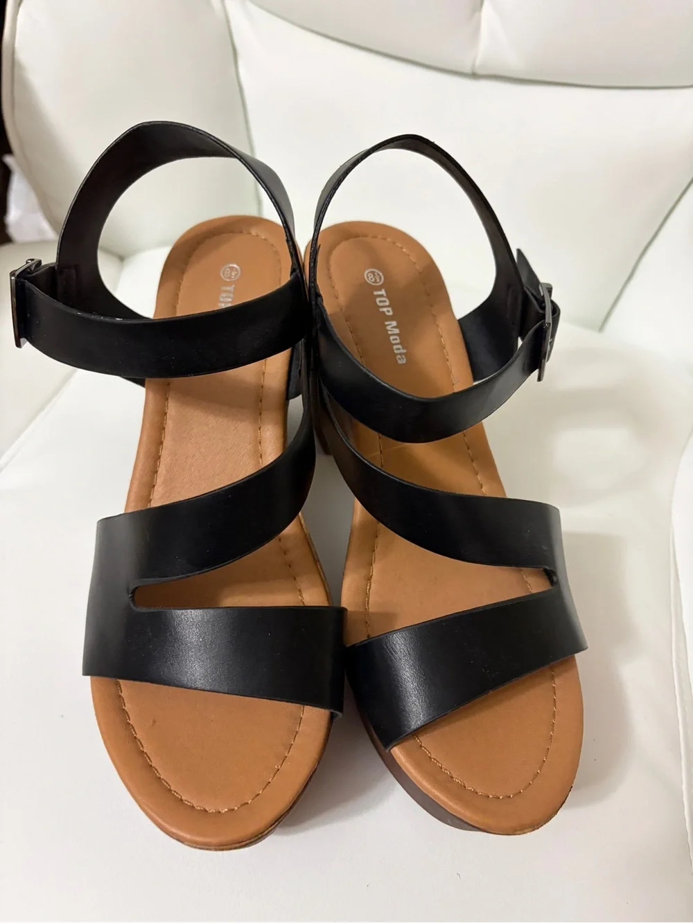TOP Moda Black Platform Block Heel Sandals with Brown Wood-Look Sole